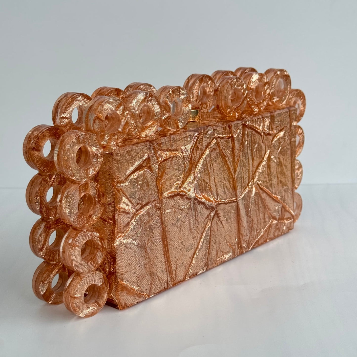 Luxury Crinkled Fabric Detail Acrylic Clutch Purse - Rosegold