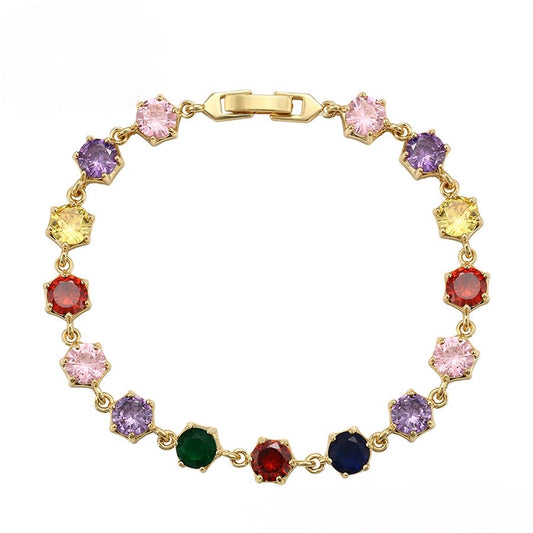 Multicolour Cubic Zirconia Round Tennis Bracelet - Gold