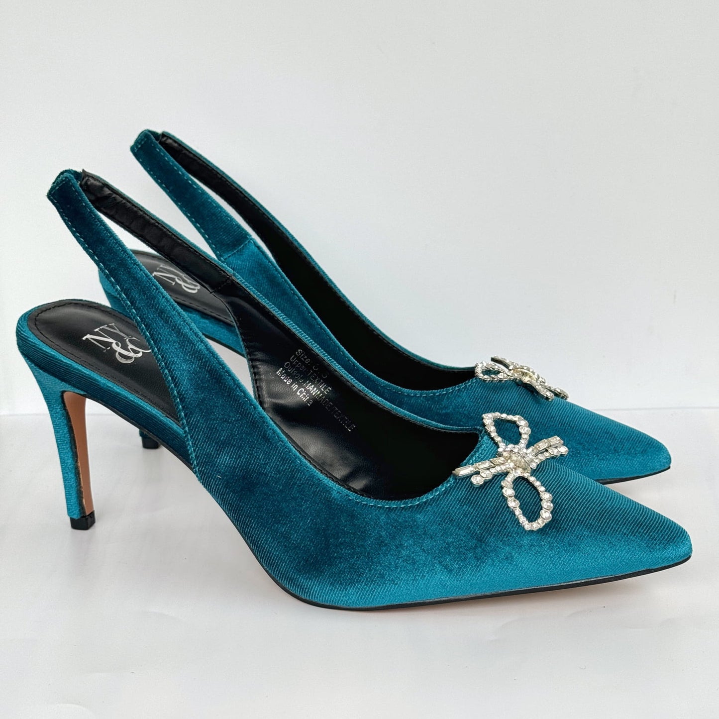 Pointed Toe Velvet Slingback with Crystal Bow - Teal