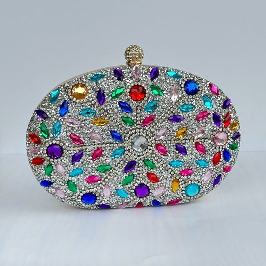 Multicolour Silver Tone Clutch