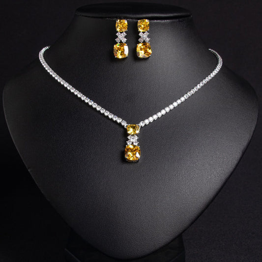 Simple X Drop Pendant Cubic Zirconia Necklace and Earring Set - Yellow