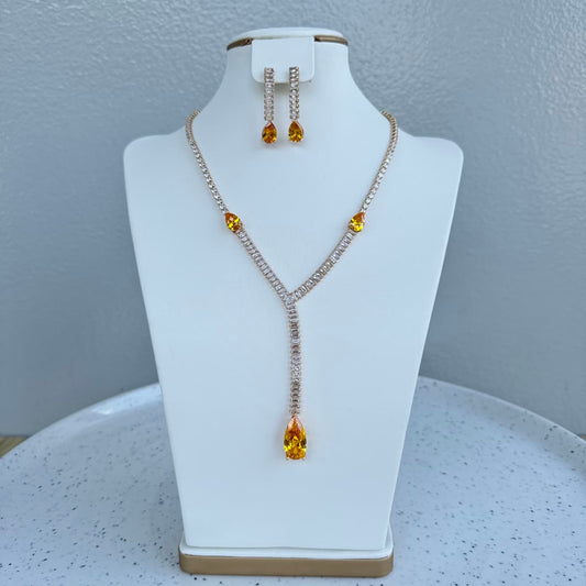 Gold Plated Long Pendant Cubic Zirconia Necklace and Earring Jewelry Set - Yellow