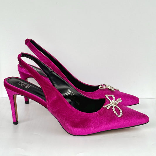 Pointed Toe Velvet Slingback with Crystal Bow - Magenta