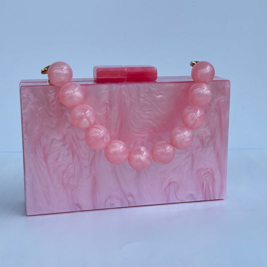 Rectangle Acrylic Beaded Strap Clutch Purse - Pink