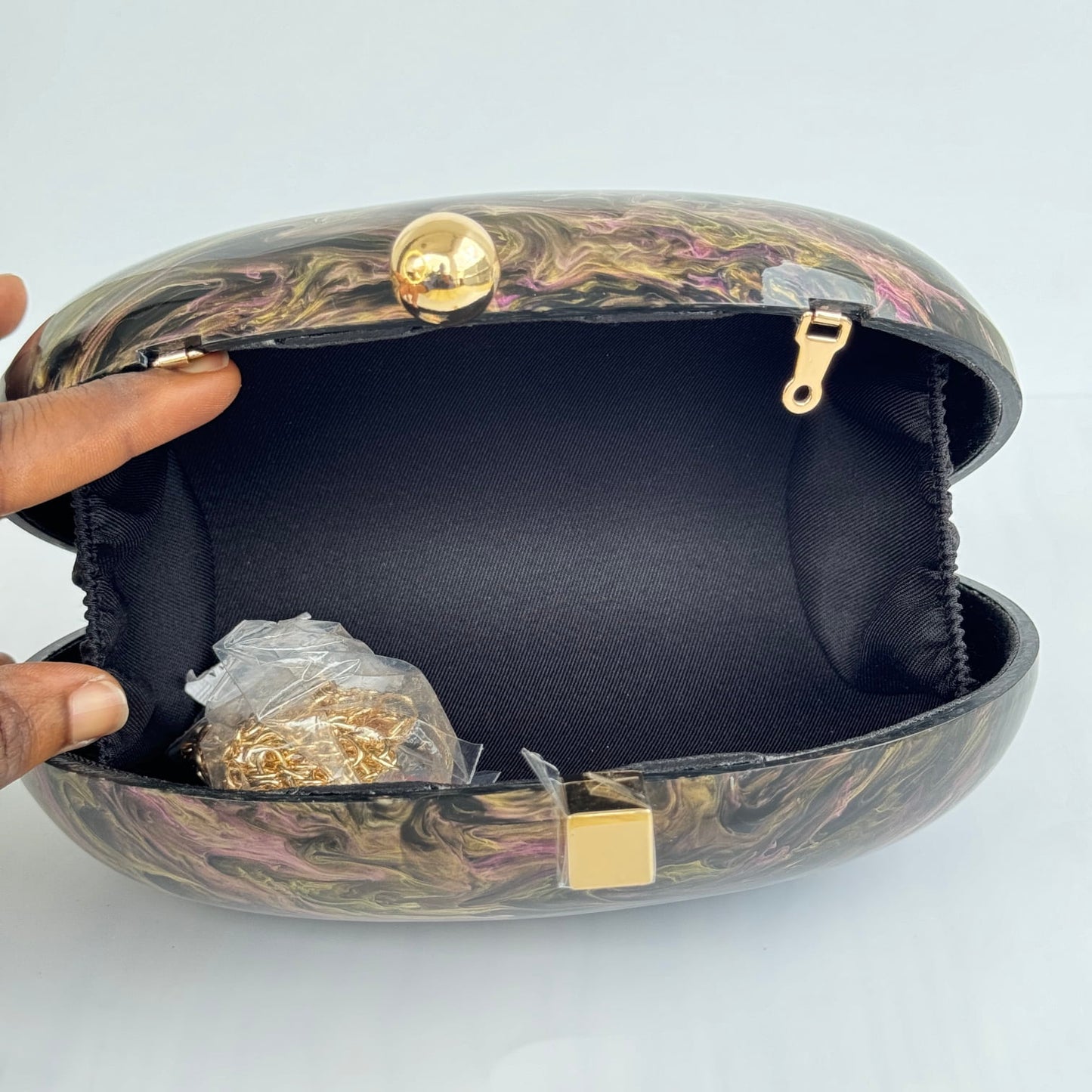 Oval Acrylic Clutch Purse - Black, Purple Marble