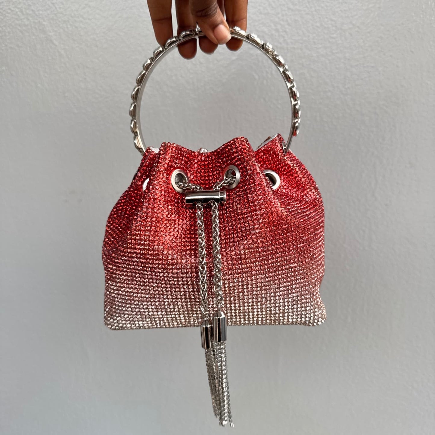 Ombre Rhinestone Ring Handle Drawstring Bucket Clutch Bag