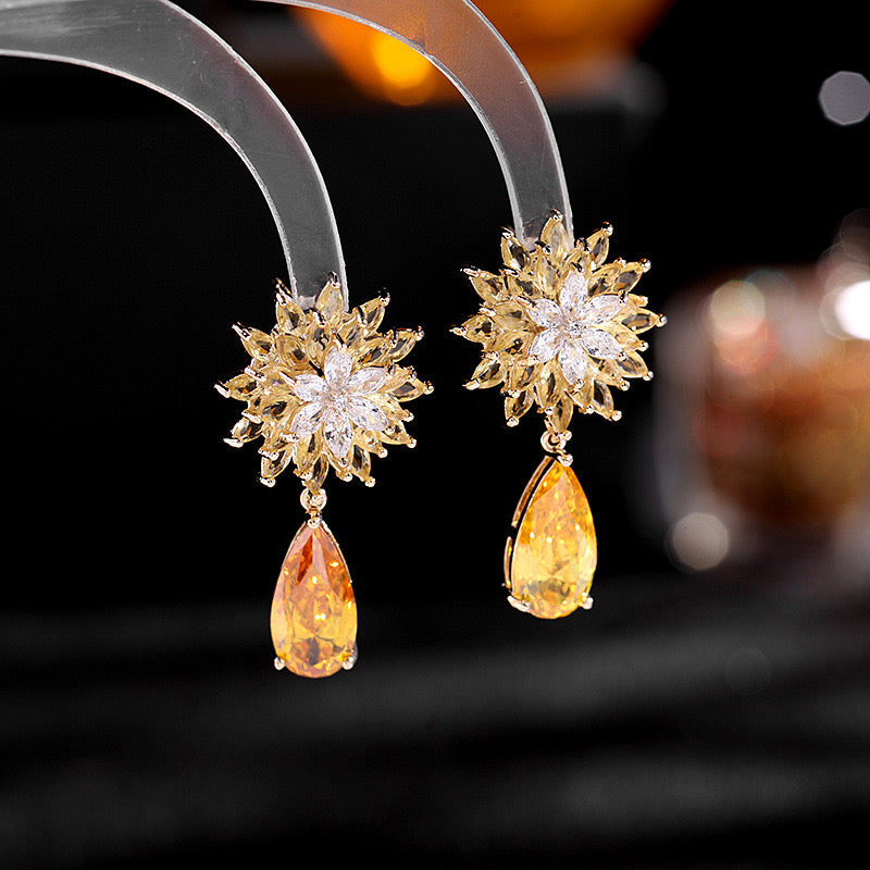 Floral Small Cubic Zirconia Drop Earrings - Yellow