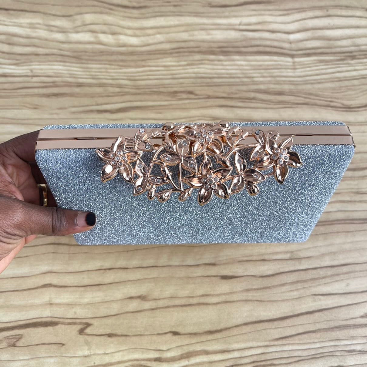 Flip Floral Clasp Glitter Clutch