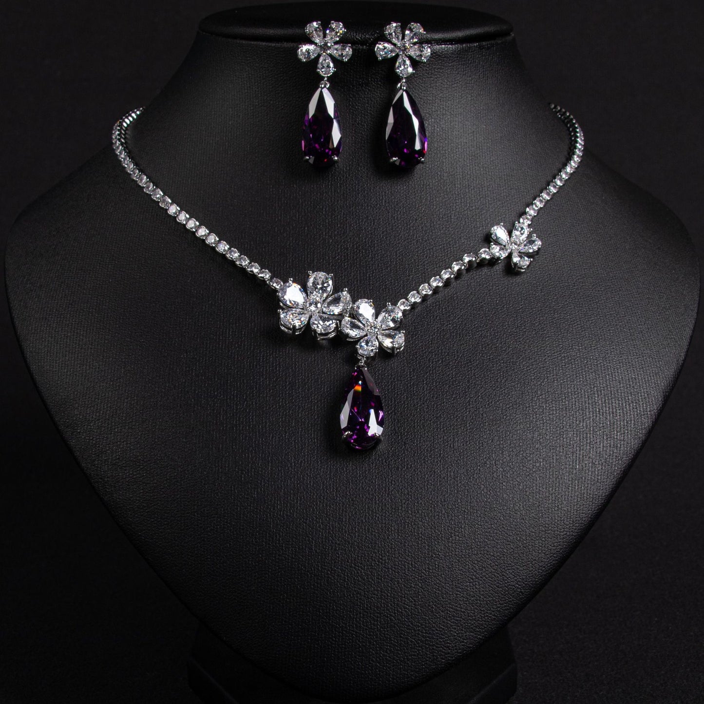 Stylish Drop Pendant Cubic Zirconia Necklace and Earring Jewelry Set - Purple