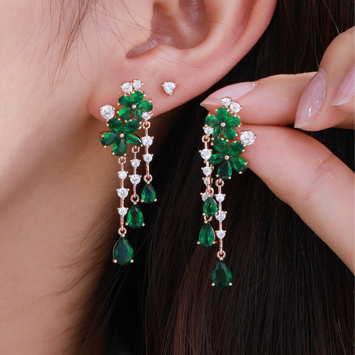 Gold Plated Small Drop Earrings - Emerald Green