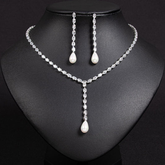 Simple Long Pendant Cubic Zirconia Pearl Necklace and Earring Jewelry Set - Silver