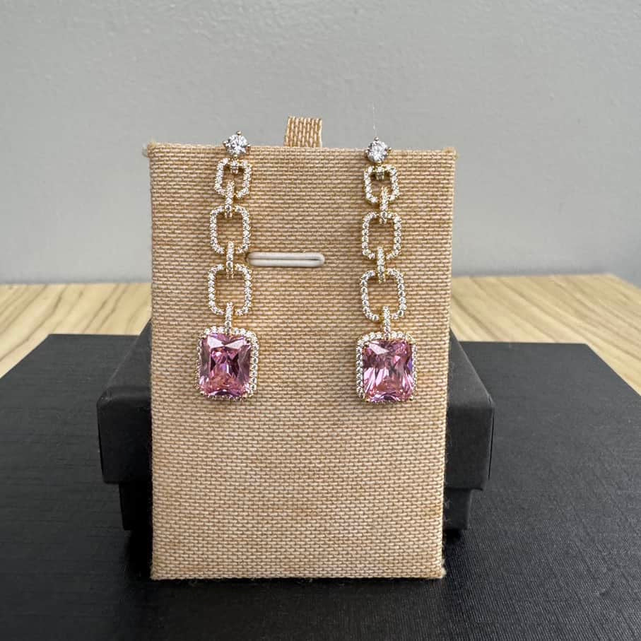 Gold Plated Chain Link Drop Earrings - Pink