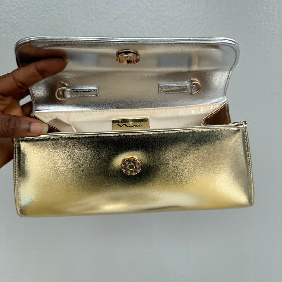 Nina Metallic Gold Tri-Colour Trapezoid Flap Clutch