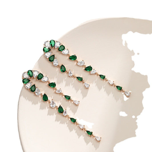 Gold Plated Long Earrings - Emerald Green