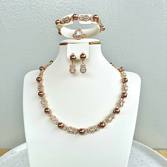 Pearl Round Cubic Zirconia Complete Jewelry Set - Bronze