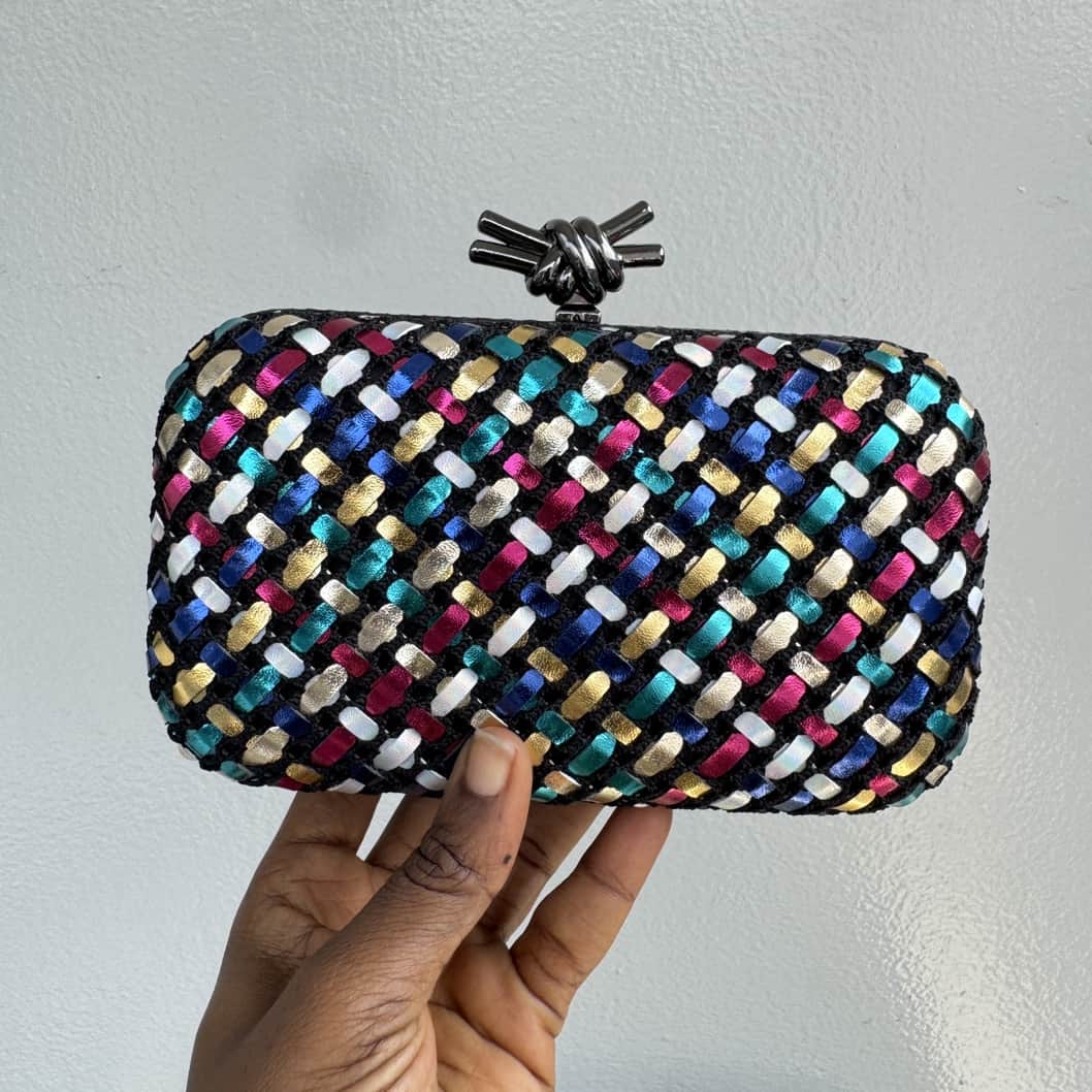 Metallic Weave Satin Knot Clasp Clutch Purse