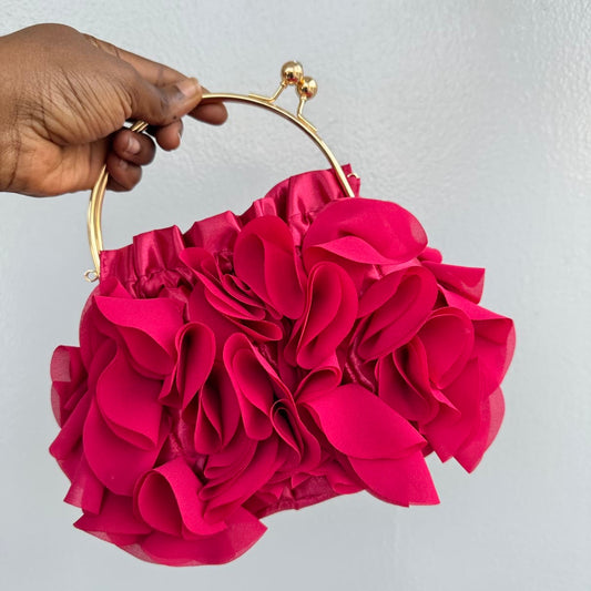 Satin Ruffle Detail Kiss Lock Clutch Bag - Fuchsia Pink