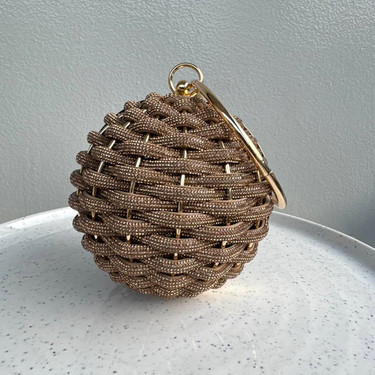 Round Ball Rhinestone Weave Clutch Purse With Ring Handle - Bronze