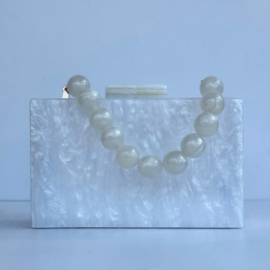 Rectangle Acrylic Beaded Strap Clutch Purse - White