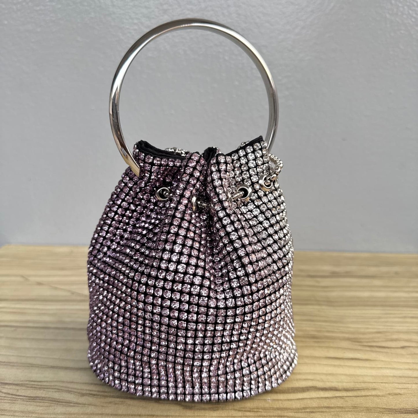 Ombre Rhinestone Ring Handle Drawstring Bucket Clutch Bag