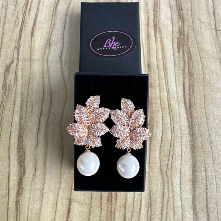 Statement Leaves Detail Pearl Cubic Zirconia Earrings