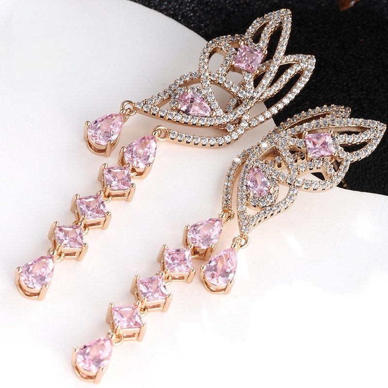 Gold Plated Butterfly Long Earrings - Pink