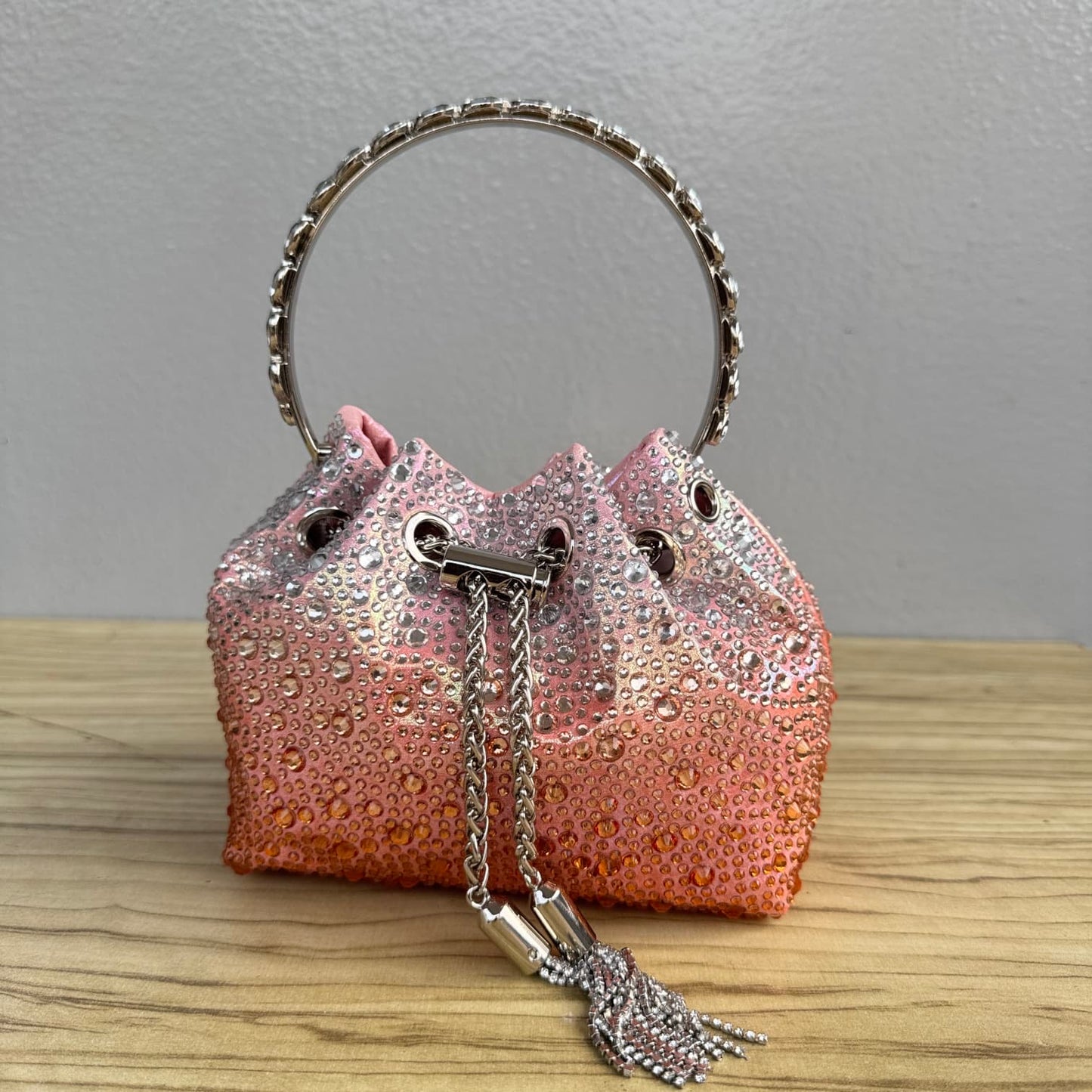 Ring Handle Rhinestone Drawstring Bucket Clutch Bag