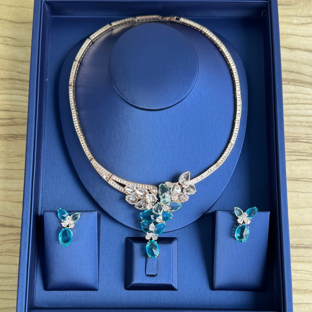 Luxury Statement Cubic Zirconia Drop Necklace and Earring Set - Turquoise Blue