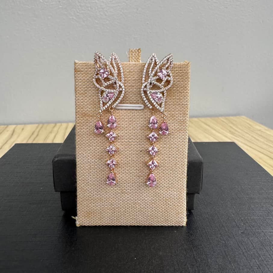 Gold Plated Butterfly Long Earrings - Pink