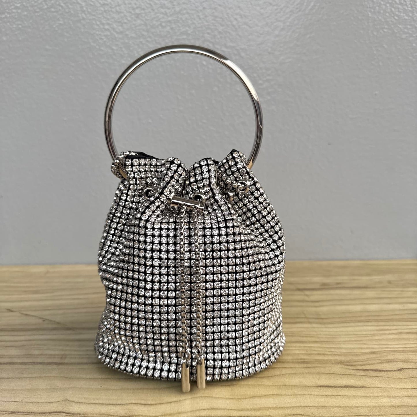 Rhinestone Ring Handle Drawstring Bucket Clutch Bag