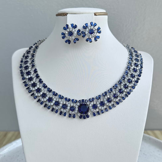 Statement Round Luxury Cubic Zirconia Necklace and Earring Set - Blue