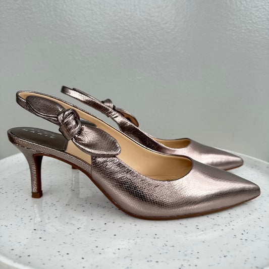 Bow Embossed Slingback Kitten Heel Shoe - Bronze