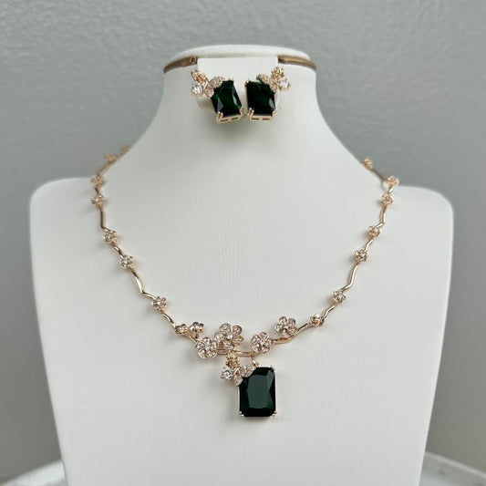 Gold Tone Floral Cubic Zirconia Necklace and Earring Jewelry Set - Green