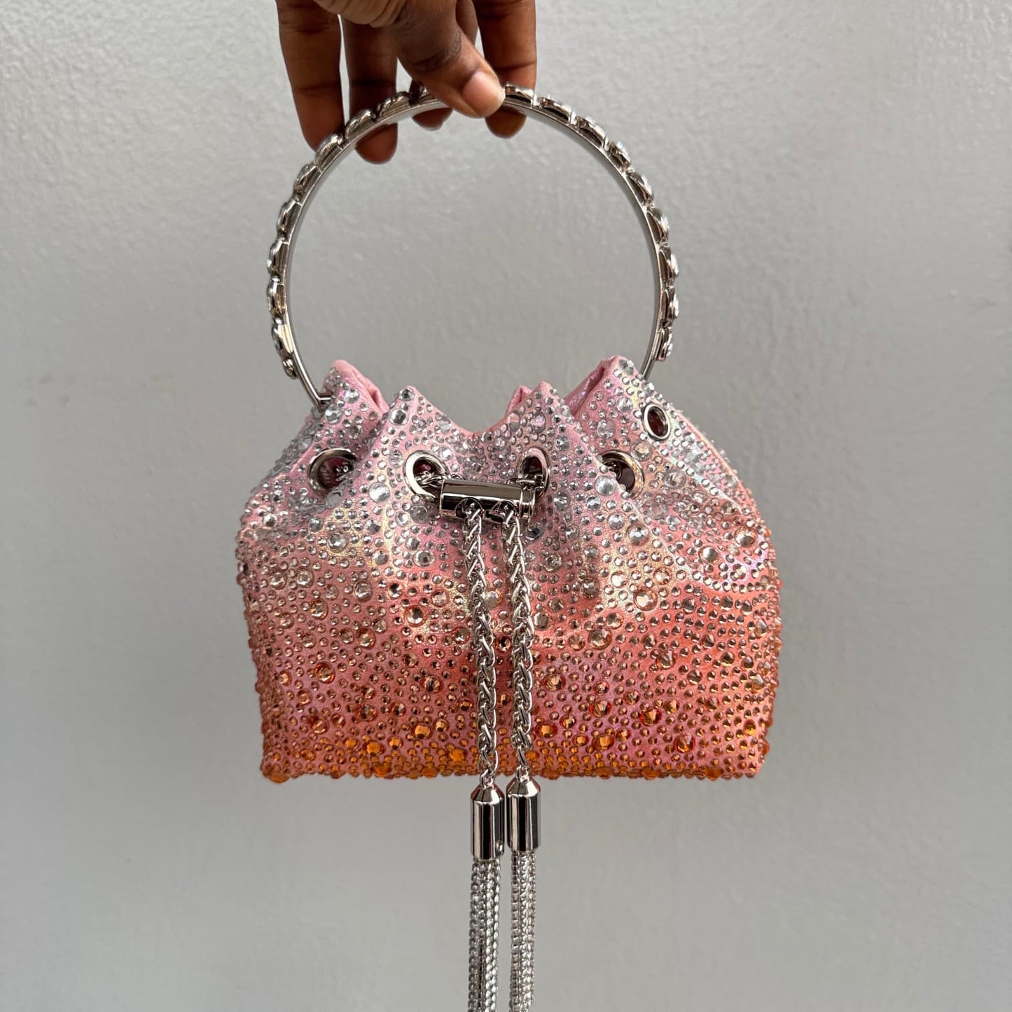 Ring Handle Rhinestone Drawstring Bucket Clutch Bag