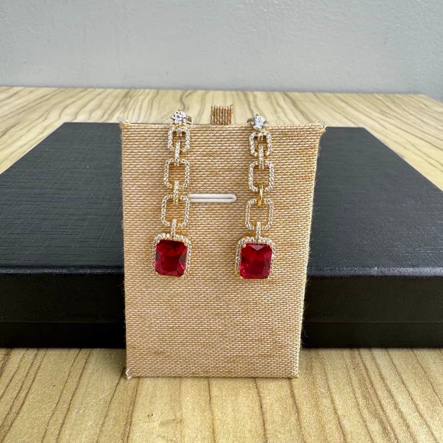 Gold Plated Chain Link Drop Earrings - Ruby Red