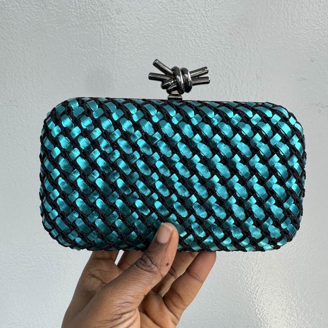 Metallic Weave Satin Knot Clasp Clutch Purse