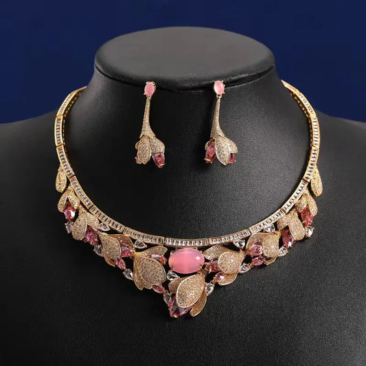 Luxury Statement Cubic Zirconia Necklace and Earring Set - Pink