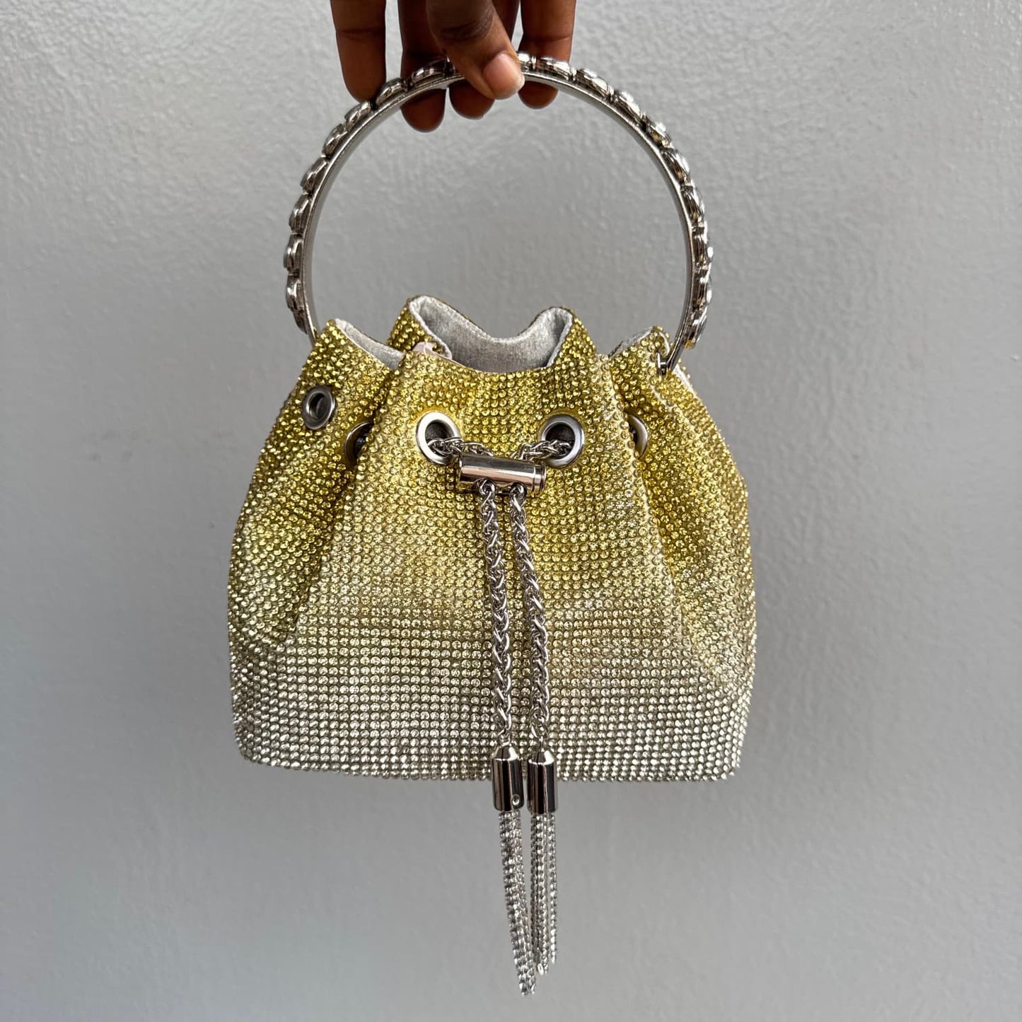 Ombre Rhinestone Ring Handle Drawstring Bucket Clutch Bag