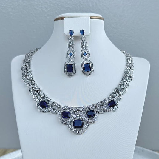 Statement Round Luxury Cubic Zirconia Necklace and Earring Set - Blue