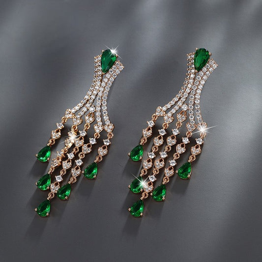 Gold Plated Tassel Earrings - Emerald Green