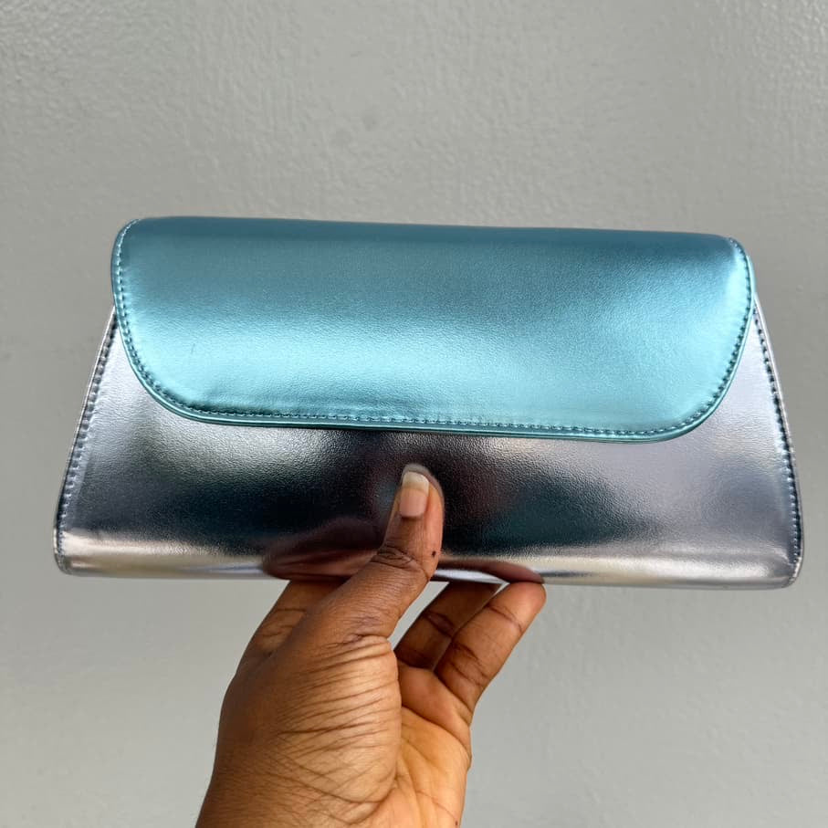 Nina Metallic Blue Tri-Colour Trapezoid Flap Clutch Purse