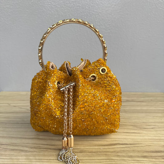 Glass Beaded Ring Handle Rhinestone Drawstring Bucket Clutch Bag