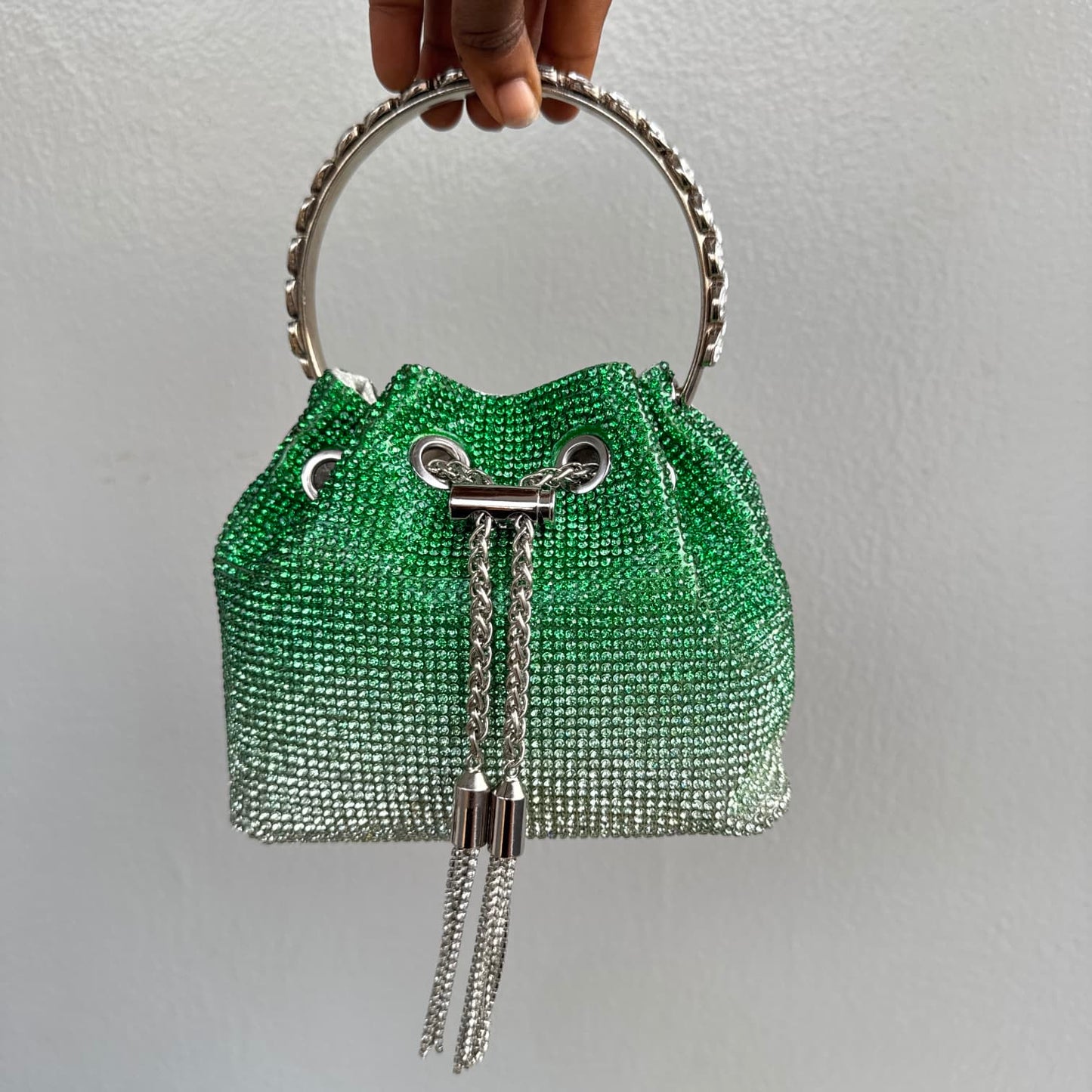 Ombre Rhinestone Ring Handle Drawstring Bucket Clutch Bag