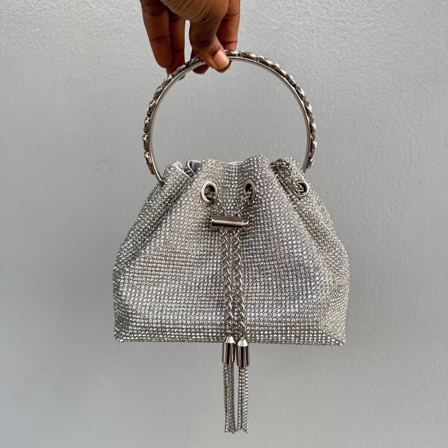 Ring Handle Rhinestone Drawstring Bucket Clutch Bag