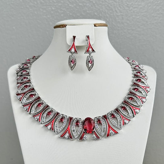 Statement Round Luxury Cubic Zirconia Necklace and Earring Set - Red