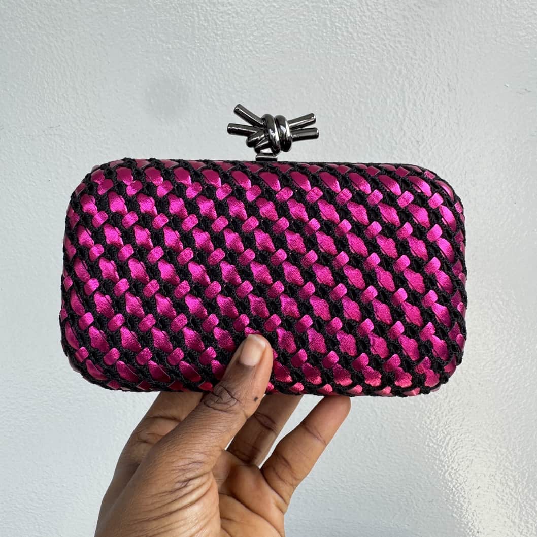 Metallic Weave Satin Knot Clasp Clutch Purse