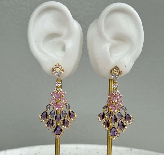 Feather Shape Drop Cubic Zirconia Earrings - Purple Pink