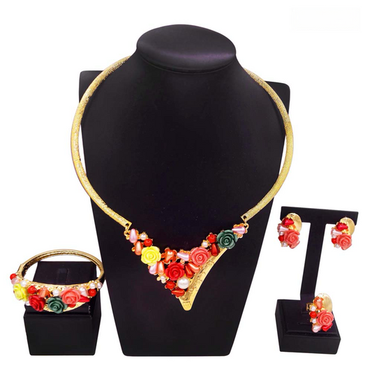 Italian Design Floral Plated V Shaped Jewelry Set
- Gold