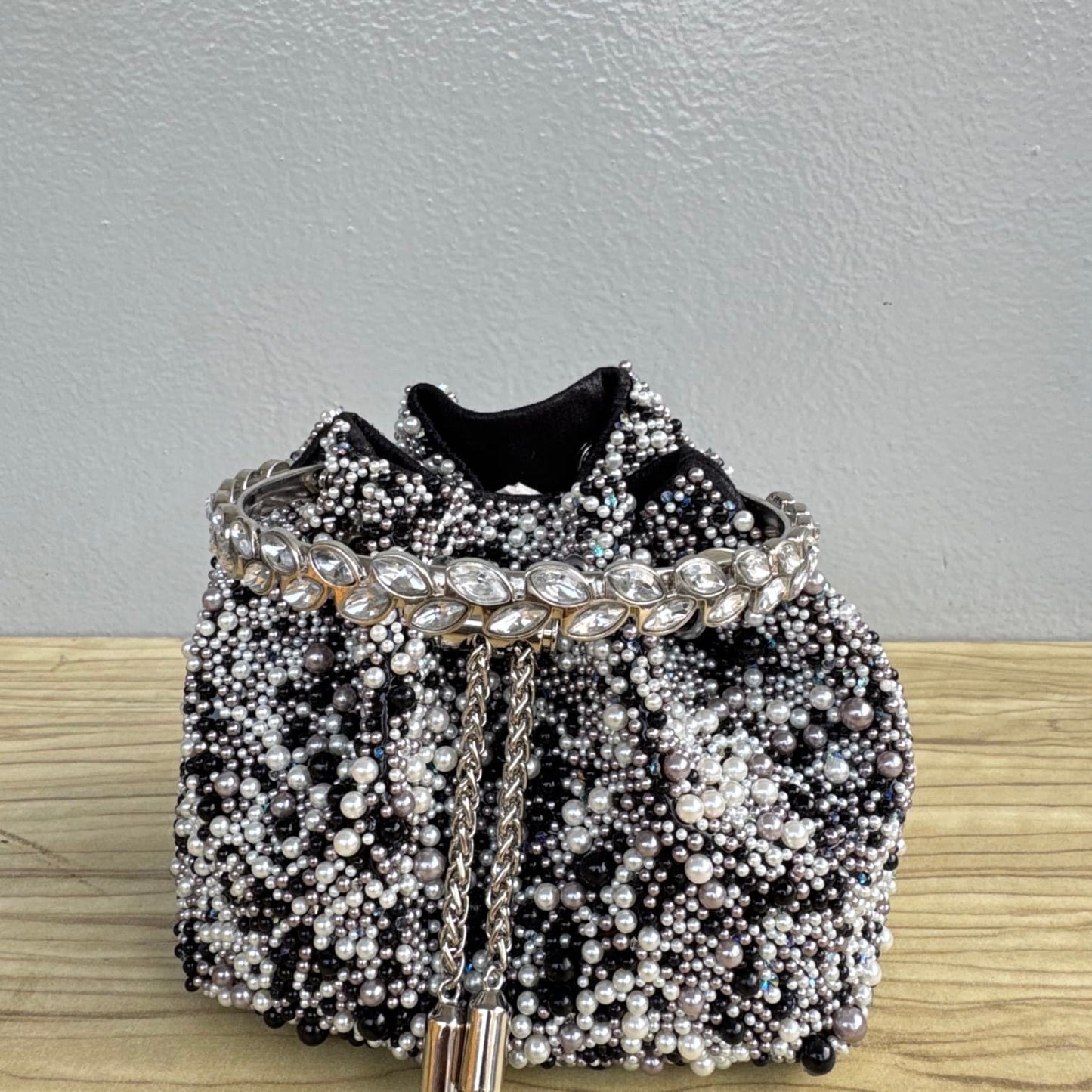 Beaded Ring Handle Rhinestone Drawstring Bucket Clutch Bag