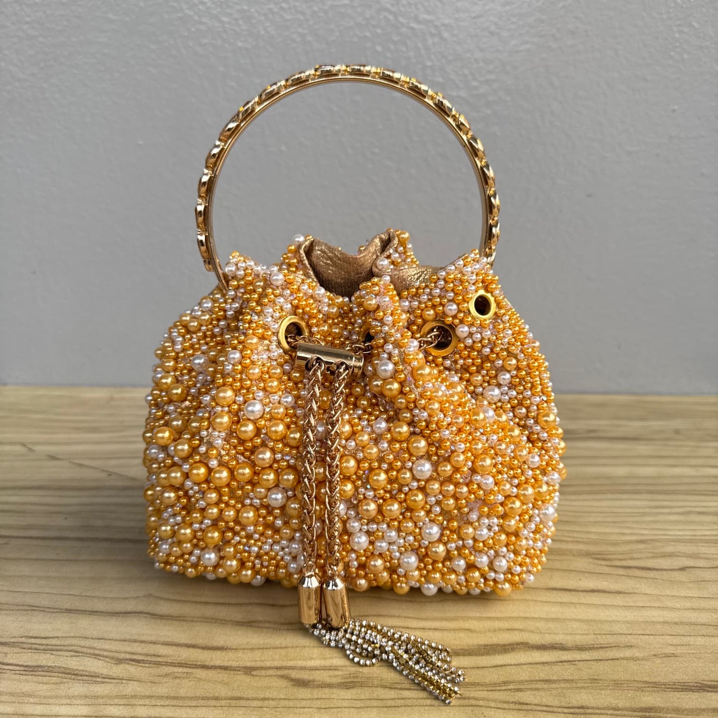 Beaded Ring Handle Rhinestone Drawstring Bucket Clutch Bag